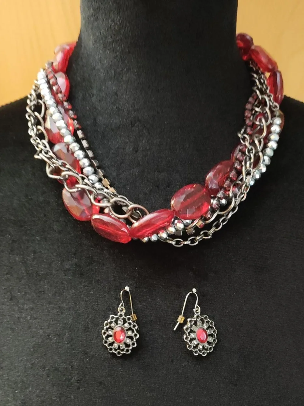 Christopher & Banks Red Multi-Strand Necklace with Matching Drop Earrings